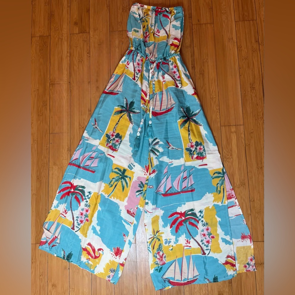 Tropical Print Strapless Jumpsuit